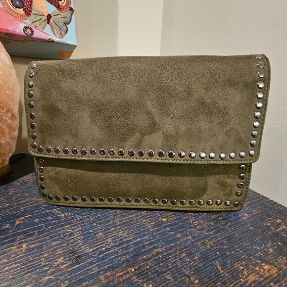 NEIMAN MARCUS STUDDED SUEDE Loden Green Shoulder Bag / CLUTCH / crossbody NWT - Picture 4 of 11